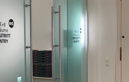 ESG-Glastür mit Edelstahl-Stoßgriff und Durchblick in Wien – SOS Glaserei